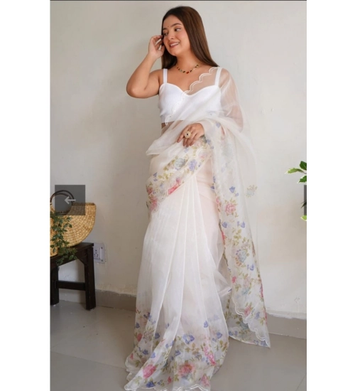 Generic Women's Organza Printed Saree With Unstitched Blouse (5.5Mtr, White)