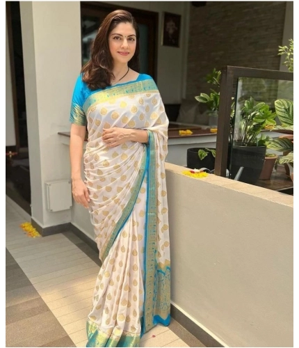 Generic Women's Silk Blend Woven Kanjivaram Saree With Unstitched Blouse (5.5Mtr, White Rama)