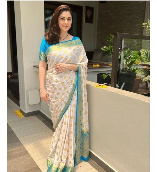Generic Women's Silk Blend Woven Kanjivaram Saree With Unstitched Blouse (5.5Mtr, White Rama)