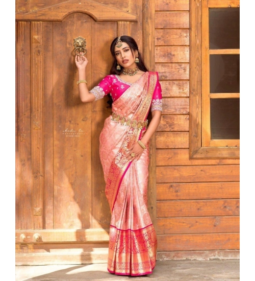 Generic Women's Silk Blend Self Design Banarasi Saree With Unstitched Blouse (5.5Mtr, Peach)