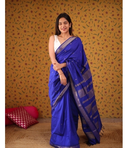 Generic Women's Silk Blend Self Design Bollywood Saree With Unstitched Blouse (5.5Mtr, Blue)