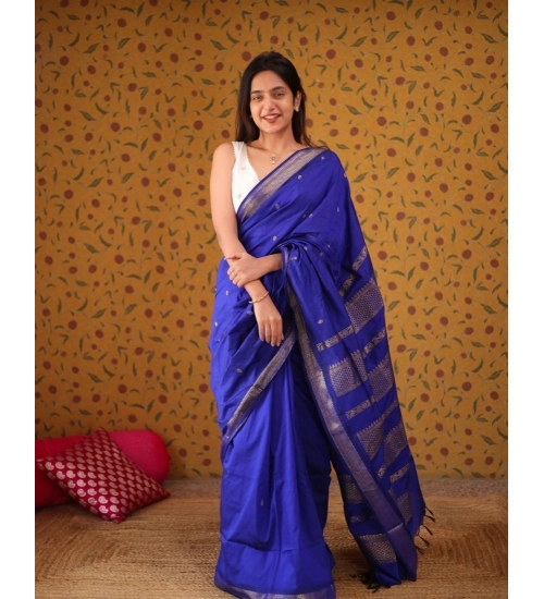 Generic Women's Silk Blend Self Design Bollywood Saree With Unstitched Blouse (5.5Mtr, Blue)