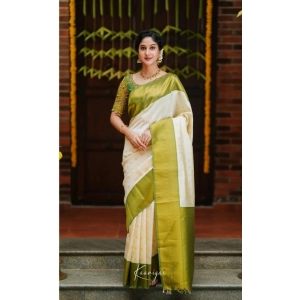 Generic Women's Silk Blend Self Design Banarasi Saree With Unstitched Blouse (5.5Mtr, White Green)