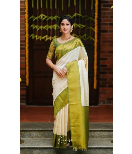 Generic Women's Silk Blend Self Design Banarasi Saree With Unstitched Blouse (5.5Mtr, White Green)