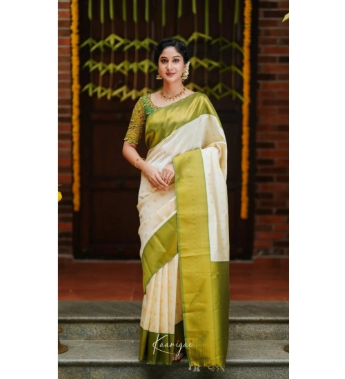 Generic Women's Silk Blend Self Design Banarasi Saree With Unstitched Blouse (5.5Mtr, White Green)