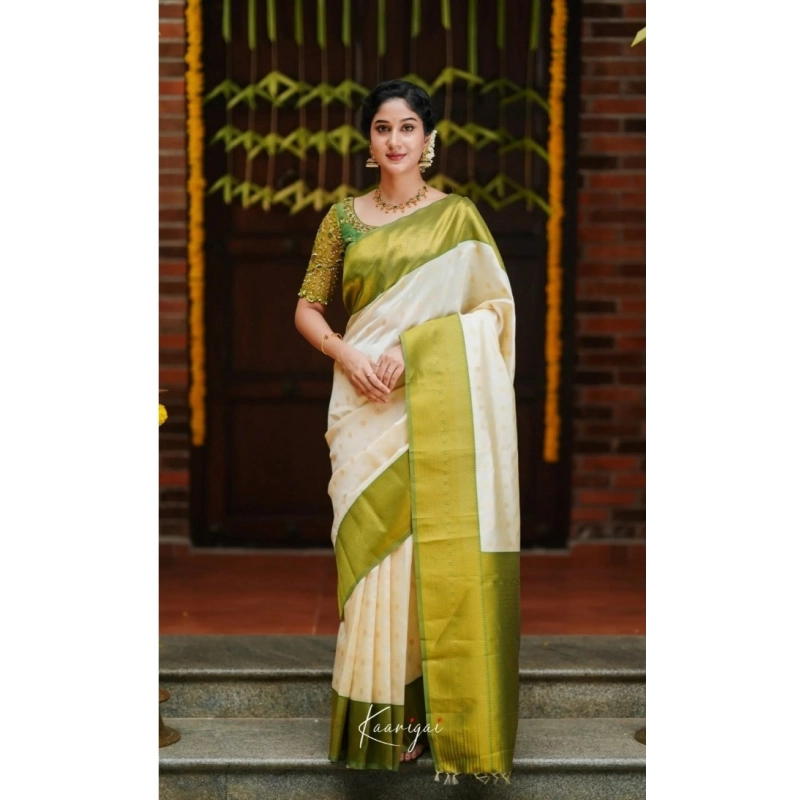 Women's Silk Blend Self Design Banarasi Saree With Unstitched Blouse (5.5Mtr, White Green)