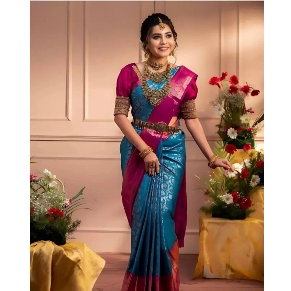 Generic Women's Silk Blend Self Design Banarasi Saree With Unstitched Blouse (5.5Mtr, Sky Blue)