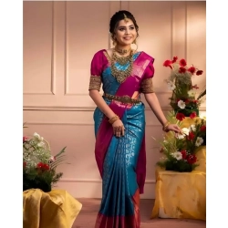 Generic Women's Silk Blend Self Design Banarasi Saree With Unstitched Blouse (5.5Mtr, Sky Blue)