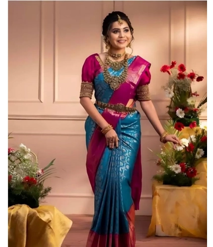 Generic Women's Silk Blend Self Design Banarasi Saree With Unstitched Blouse (5.5Mtr, Sky Blue)