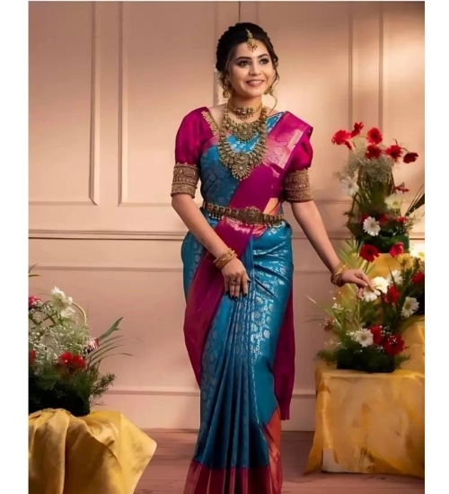 Generic Women's Silk Blend Self Design Banarasi Saree With Unstitched Blouse (5.5Mtr, Sky Blue)