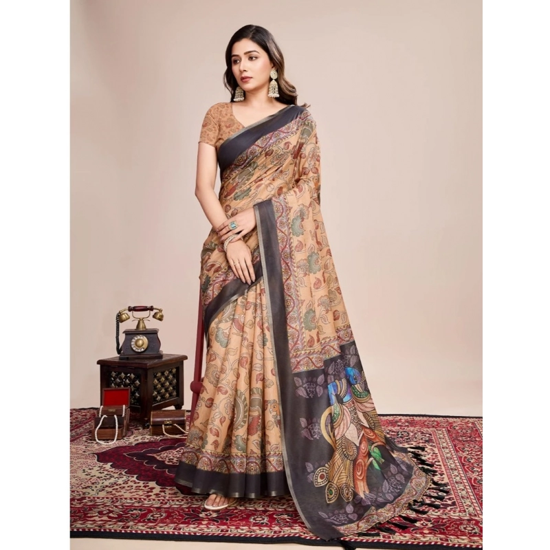 Women's Georgette Embroidered  Saree With Unstitched Blouse (5.5Mtr, Brown)