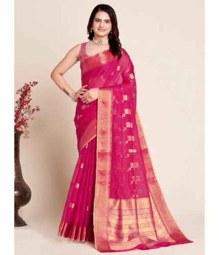 Generic Women's Silk Blend Printed Banarasi Saree With Unstitched Blouse (5.5Mtr, Pink)