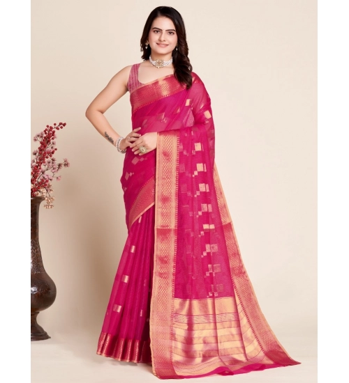 Generic Women's Silk Blend Printed Banarasi Saree With Unstitched Blouse (5.5Mtr, Pink)