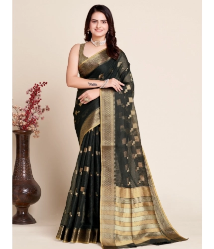 Generic Women's Silk Blend Printed Banarasi Saree With Unstitched Blouse (5.5Mtr, Black)