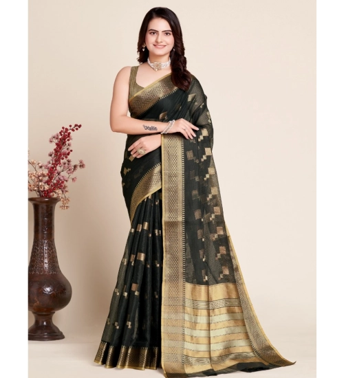 Generic Women's Silk Blend Printed Banarasi Saree With Unstitched Blouse (5.5Mtr, Black)