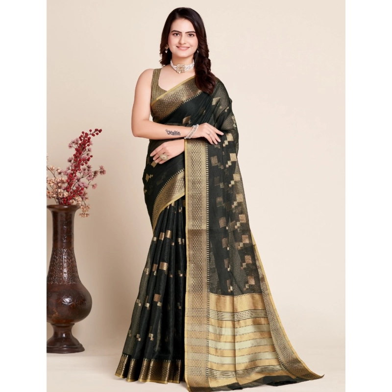 Women's Silk Blend Printed Banarasi Saree With Unstitched Blouse (5.5Mtr, Black)