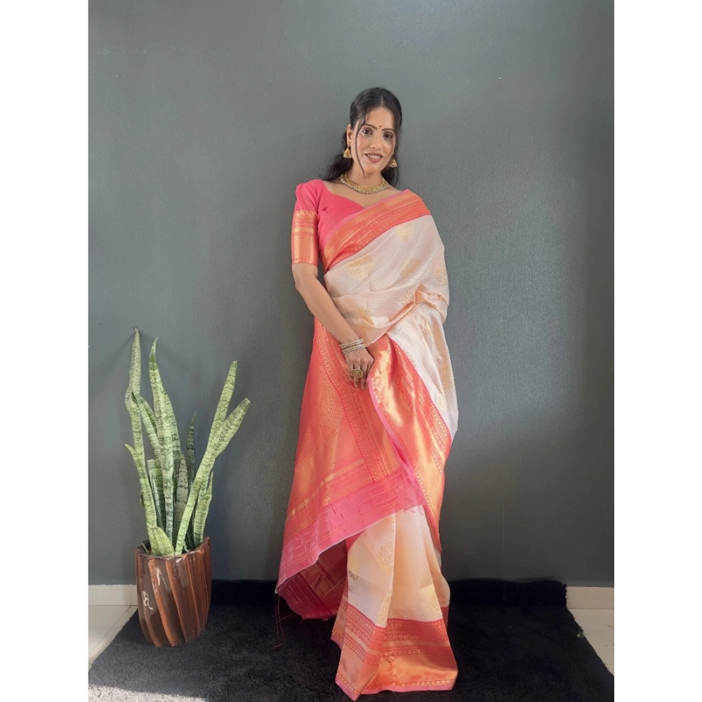 Generic Women's Silk Blend Woven Kanjivaram Saree With Unstitched Blouse (5.5Mtr, Peach) Generic Women's Silk Blend Woven Kanjivaram Saree With Unstitched Blouse (5.5Mtr, Peach)