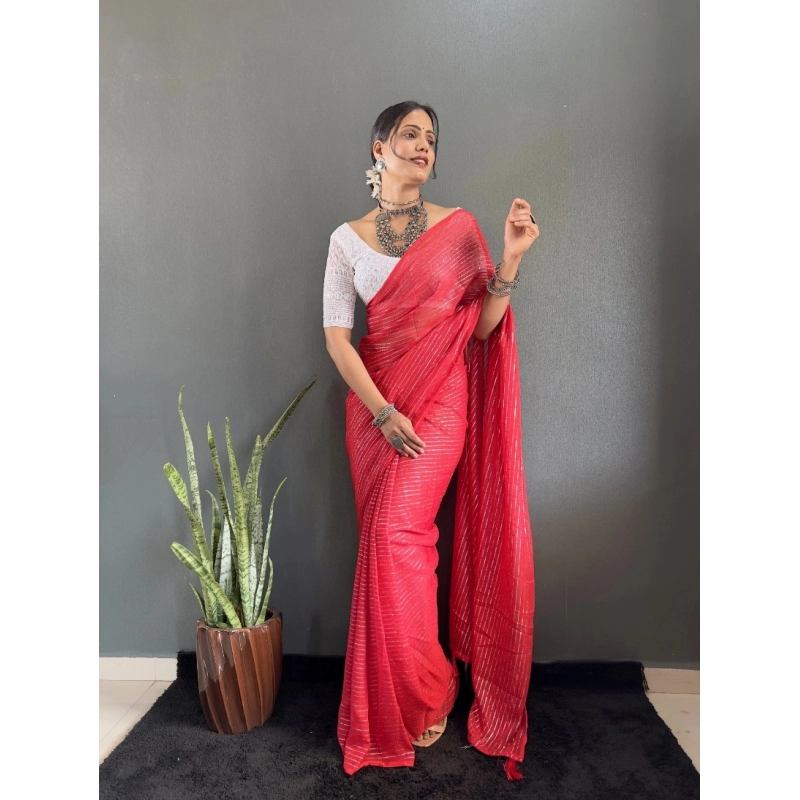 Women's Chiffon Woven Bollywood Saree With Unstitched Blouse (5.5Mtr, Red) Women's Chiffon Woven Bollywood Saree With Unstitched Blouse (5.5Mtr, Red)