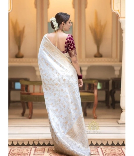 Generic Women's Silk Woven Kanjivaram Saree With Unstitched Blouse (5.5Mtr, White)