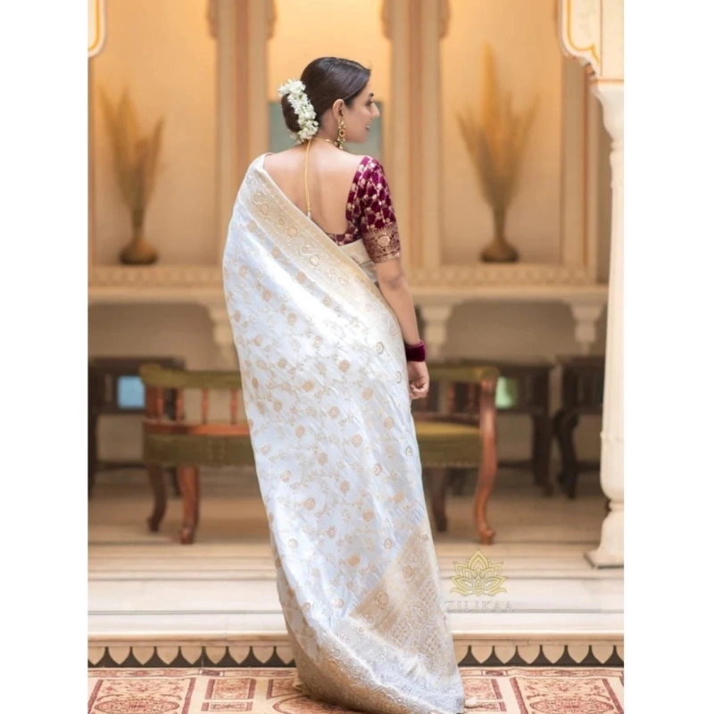 Women's Silk Woven Kanjivaram Saree With Unstitched Blouse (5.5Mtr, White) Women's Silk Woven Kanjivaram Saree With Unstitched Blouse (5.5Mtr, White)