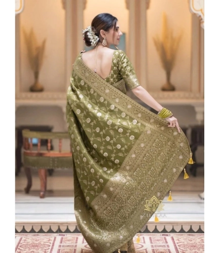 Generic Women's Silk Woven Kanjivaram Saree With Unstitched Blouse (5.5Mtr, Mehendi Green)