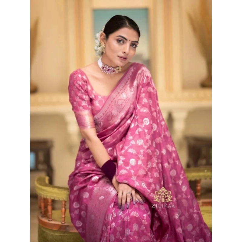 Women's Silk Woven Kanjivaram Saree With Unstitched Blouse (5.5Mtr, Pink) Women's Silk Woven Kanjivaram Saree With Unstitched Blouse (5.5Mtr, Pink)