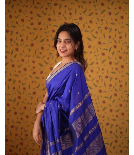 Generic Women's Silk Blend Self Design Bollywood Saree With Unstitched Blouse (5.5Mtr, Blue)