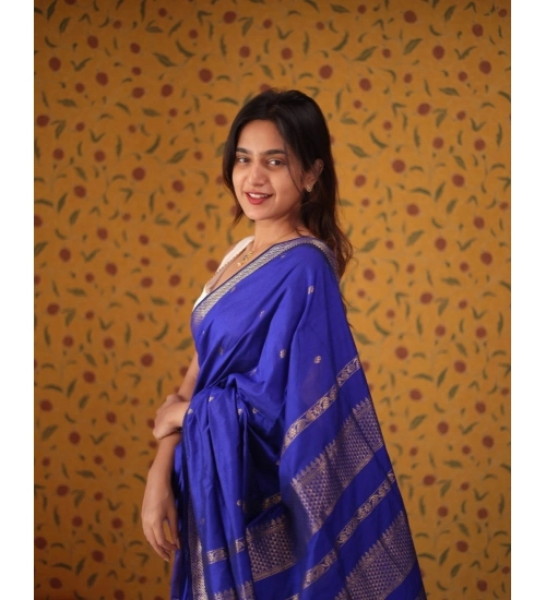 Generic Women's Silk Blend Self Design Bollywood Saree With Unstitched Blouse (5.5Mtr, Blue)