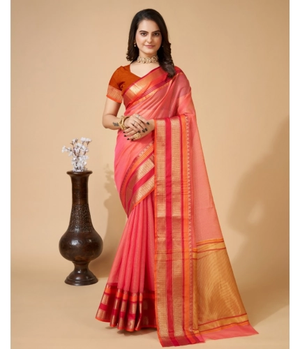 Generic Women's Cotton Blend Woven  Saree With Unstitched Blouse (5.5Mtr, Pink)