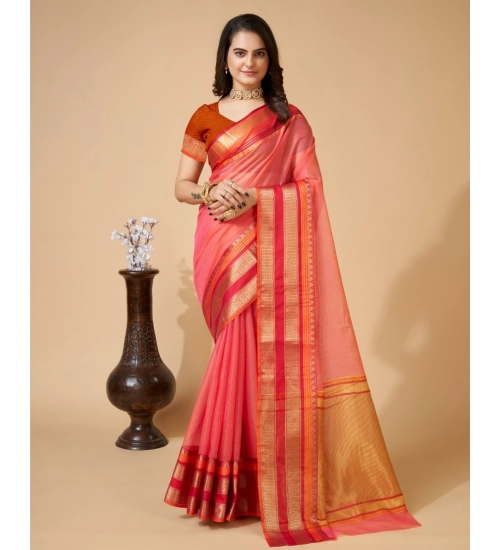 Generic Women's Cotton Blend Woven  Saree With Unstitched Blouse (5.5Mtr, Pink)