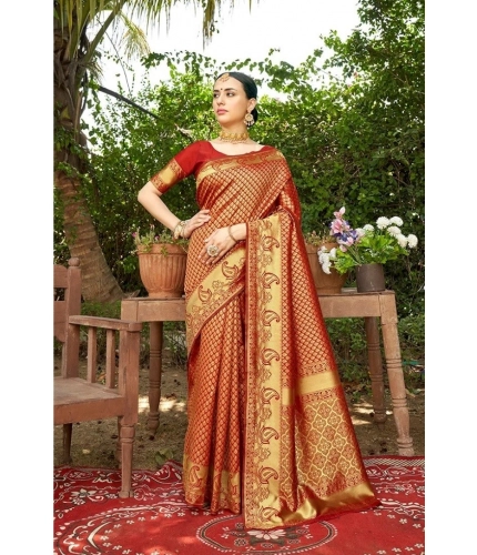 Generic Women's Silk Woven Kanjivaram Saree With Unstitched Blouse (5.5Mtr, Red)