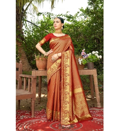 Generic Women's Silk Woven Kanjivaram Saree With Unstitched Blouse (5.5Mtr, Red)
