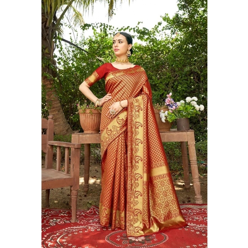 Women's Silk Woven Kanjivaram Saree With Unstitched Blouse (5.5Mtr, Red) Women's Silk Woven Kanjivaram Saree With Unstitched Blouse (5.5Mtr, Red)