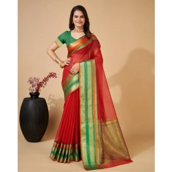 Generic Women's Cotton Blend Woven  Saree With Unstitched Blouse (5.5Mtr, Red)
