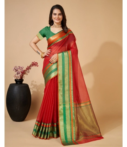 Generic Women's Cotton Blend Woven  Saree With Unstitched Blouse (5.5Mtr, Red)