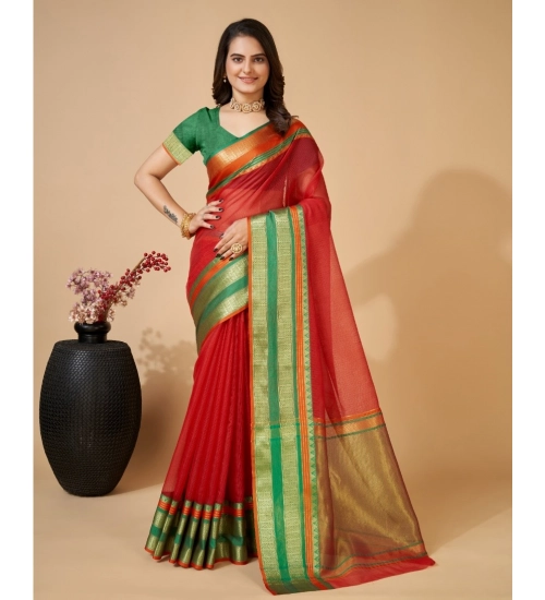 Generic Women's Cotton Blend Woven  Saree With Unstitched Blouse (5.5Mtr, Red)