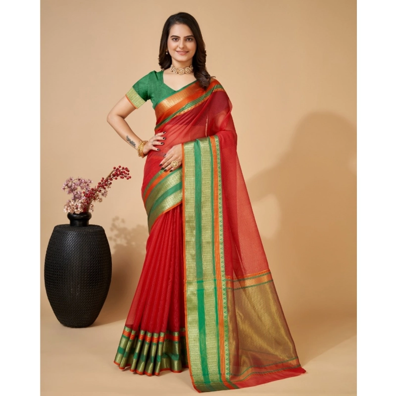Women's Cotton Blend Woven  Saree With Unstitched Blouse (5.5Mtr, Red)