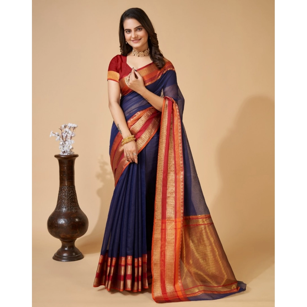 Generic Women's Cotton Blend Woven Saree With Unstitched Blouse (5.5Mtr, Navy Blue) Generic Women's Cotton Blend Woven Saree With Unstitched Blouse (5.5Mtr, Navy Blue)