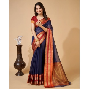 Generic Women's Cotton Blend Woven  Saree With Unstitched Blouse (5.5Mtr, Navy Blue)