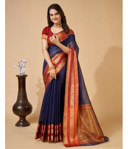 Generic Women's Cotton Blend Woven  Saree With Unstitched Blouse (5.5Mtr, Navy Blue)