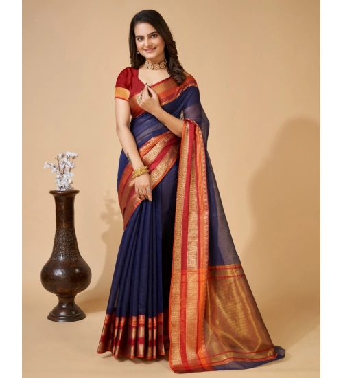 Generic Women's Cotton Blend Woven  Saree With Unstitched Blouse (5.5Mtr, Navy Blue)