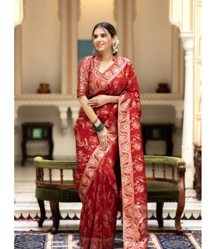Generic Women's Pure Cotton Woven Arani Pattu Saree With Unstitched Blouse (5.5Mtr, Red)