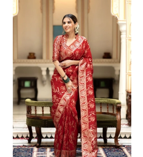 Generic Women's Pure Cotton Woven Arani Pattu Saree With Unstitched Blouse (5.5Mtr, Red)