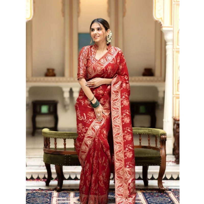 Women's Pure Cotton Woven Arani Pattu Saree With Unstitched Blouse (5.5Mtr, Red) Women's Pure Cotton Woven Arani Pattu Saree With Unstitched Blouse (5.5Mtr, Red)