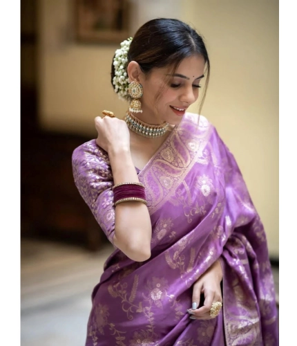 Generic Women's Art Silk Embellished Kanjivaram Saree With Unstitched Blouse (5.5Mtr, Lavender)