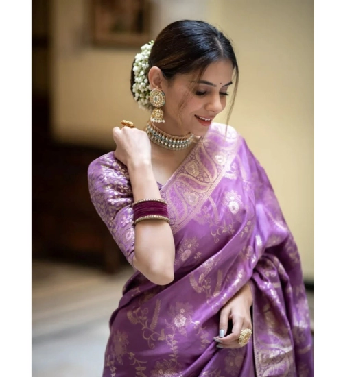 Generic Women's Art Silk Embellished Kanjivaram Saree With Unstitched Blouse (5.5Mtr, Lavender)