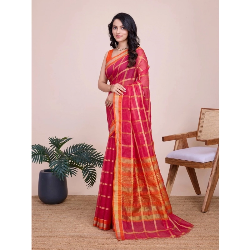 Women's Cotton Silk Checkered Kota Doria Saree With Unstitched Blouse (5.5Mtr, Red) Women's Cotton Silk Checkered Kota Doria Saree With Unstitched Blouse (5.5Mtr, Red)