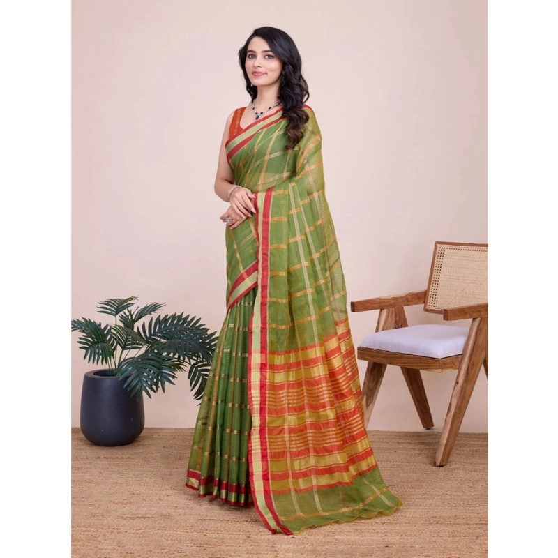 Women's Cotton Silk Checkered Kota Doria Saree With Unstitched Blouse (5.5Mtr, Mehendi) Women's Cotton Silk Checkered Kota Doria Saree With Unstitched Blouse (5.5Mtr, Mehendi)