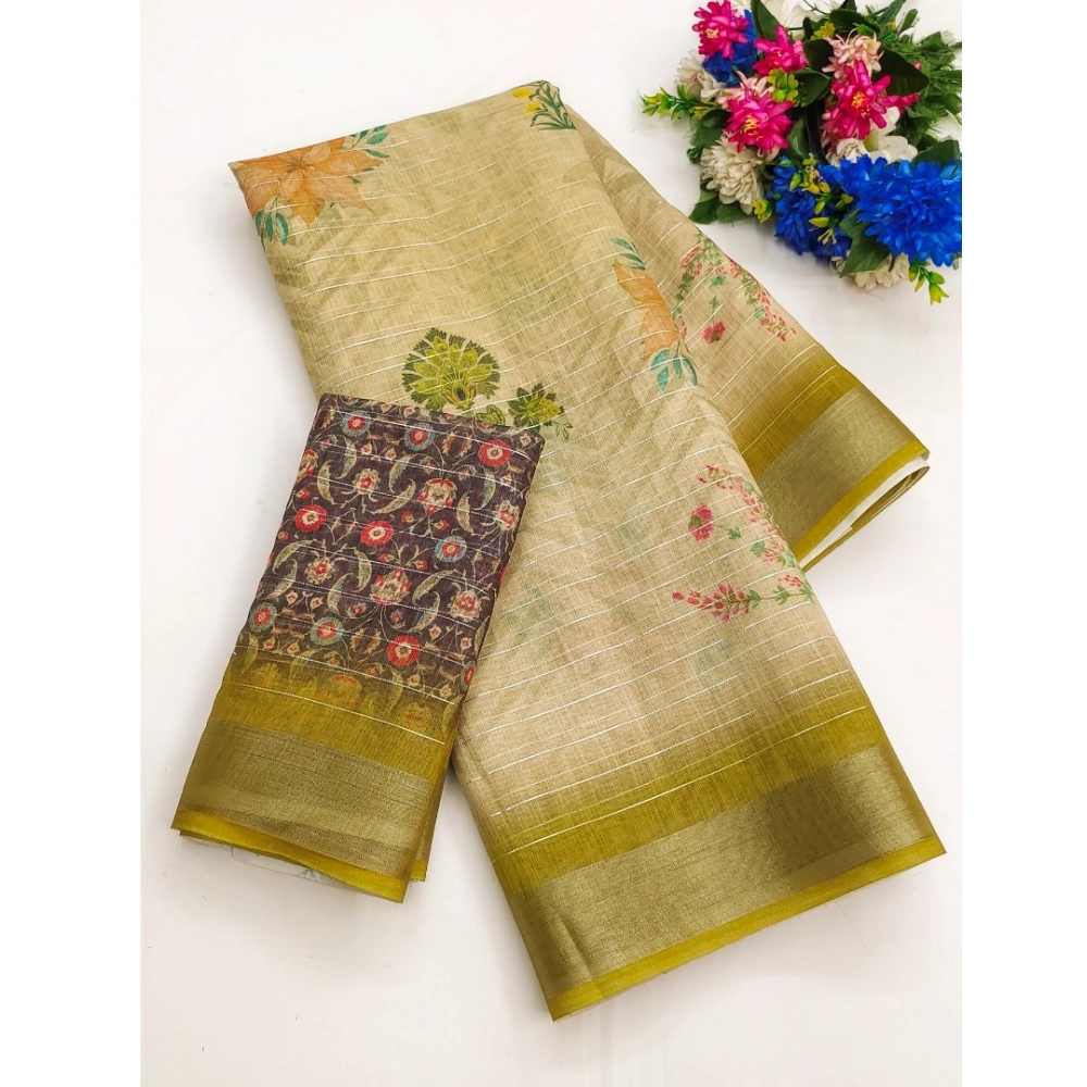 Generic Women's Cotton-Linen Printed Saree With Unstitched Blouse (5.5Mtr, Mehandi) Generic Women's Cotton-Linen Printed Saree With Unstitched Blouse (5.5Mtr, Mehandi)
