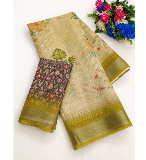 Generic Women's Cotton-Linen Printed Saree With Unstitched Blouse (5.5Mtr, Mehandi)